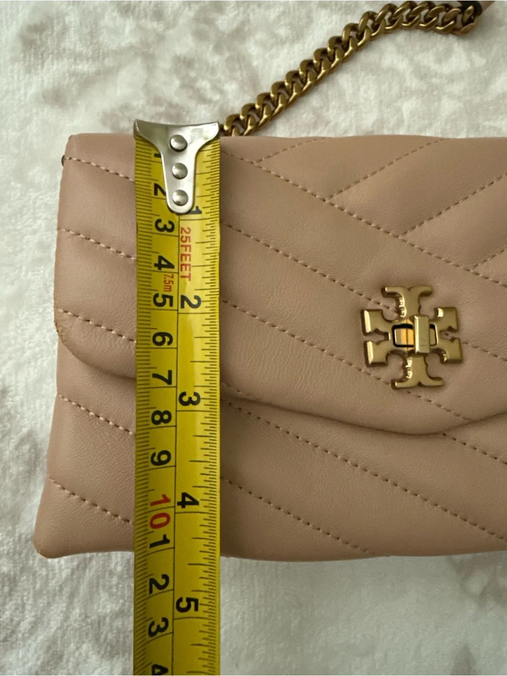 Tory Burch Kira Chevron Leather Small Crossbody Bag Nude with Gold Hardware Logo